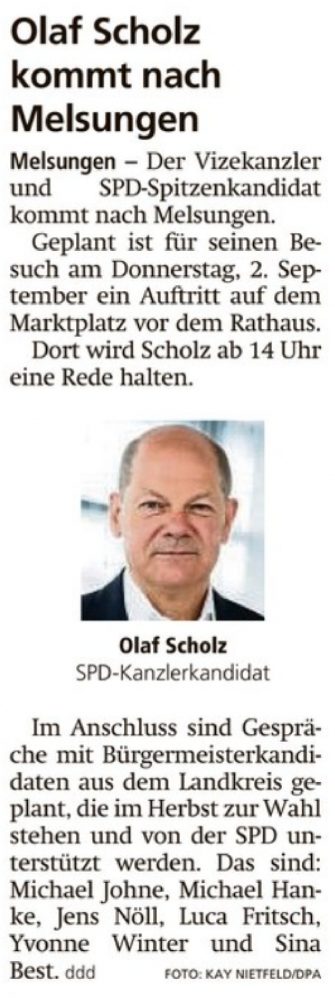 » Olaf Scholz kommt am 02. September nach Melsungen